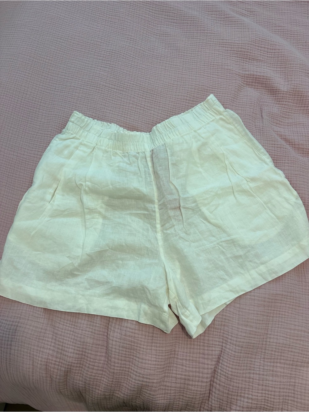 Left On Friday Cream Elastic Waist Linen-Blend Shorts